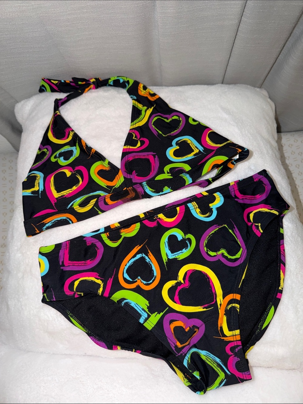 SO Kids Swim Bikini Black with Neon Rainbow Hearts NWOT